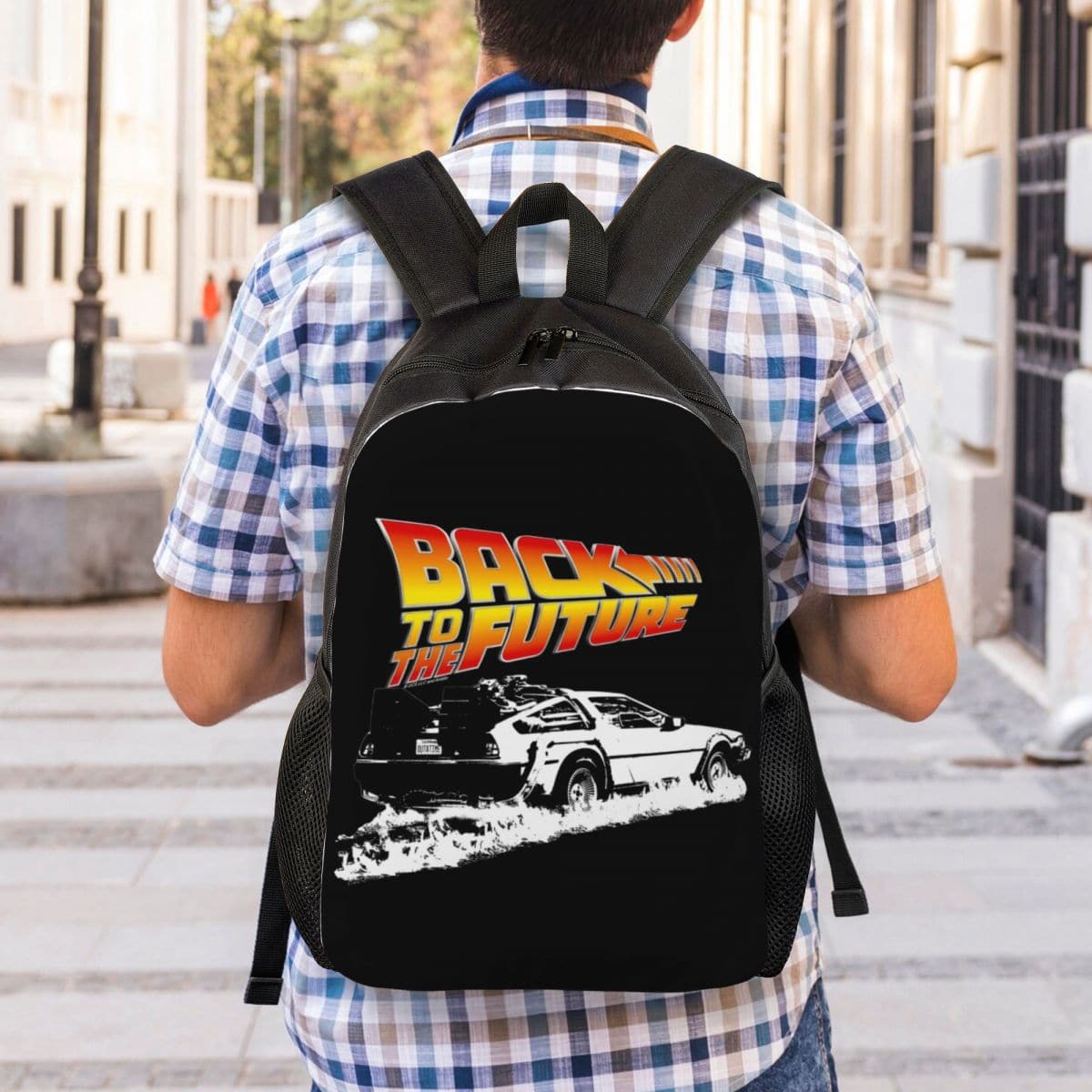 Back To The Future Movie Backpacks Men Women Basic Bookbag for College School DeLorean Fire Tracks White Stencil Fan Art Bags