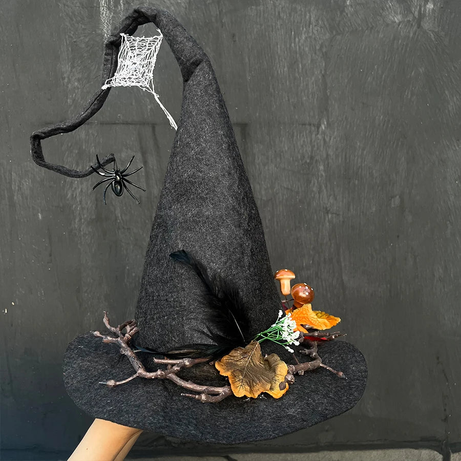 Halloween Witch Hat Cosplay Prop Dress Up Wicked Costume Accessory Spider Web Maple Leaf Hat Flower Mushroom Decor Felt Hat