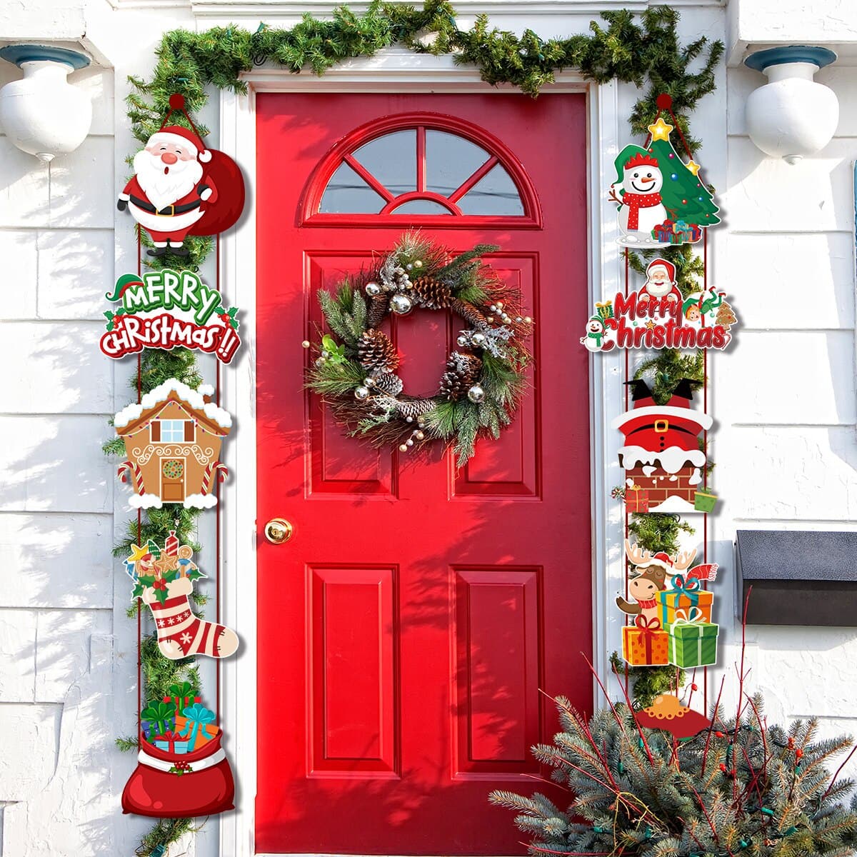 Merry Christmas Door Hanging Banner Santa Claus Snowman Couplet Xmas Hanging Decoration for Home Yard Front Door Navidad