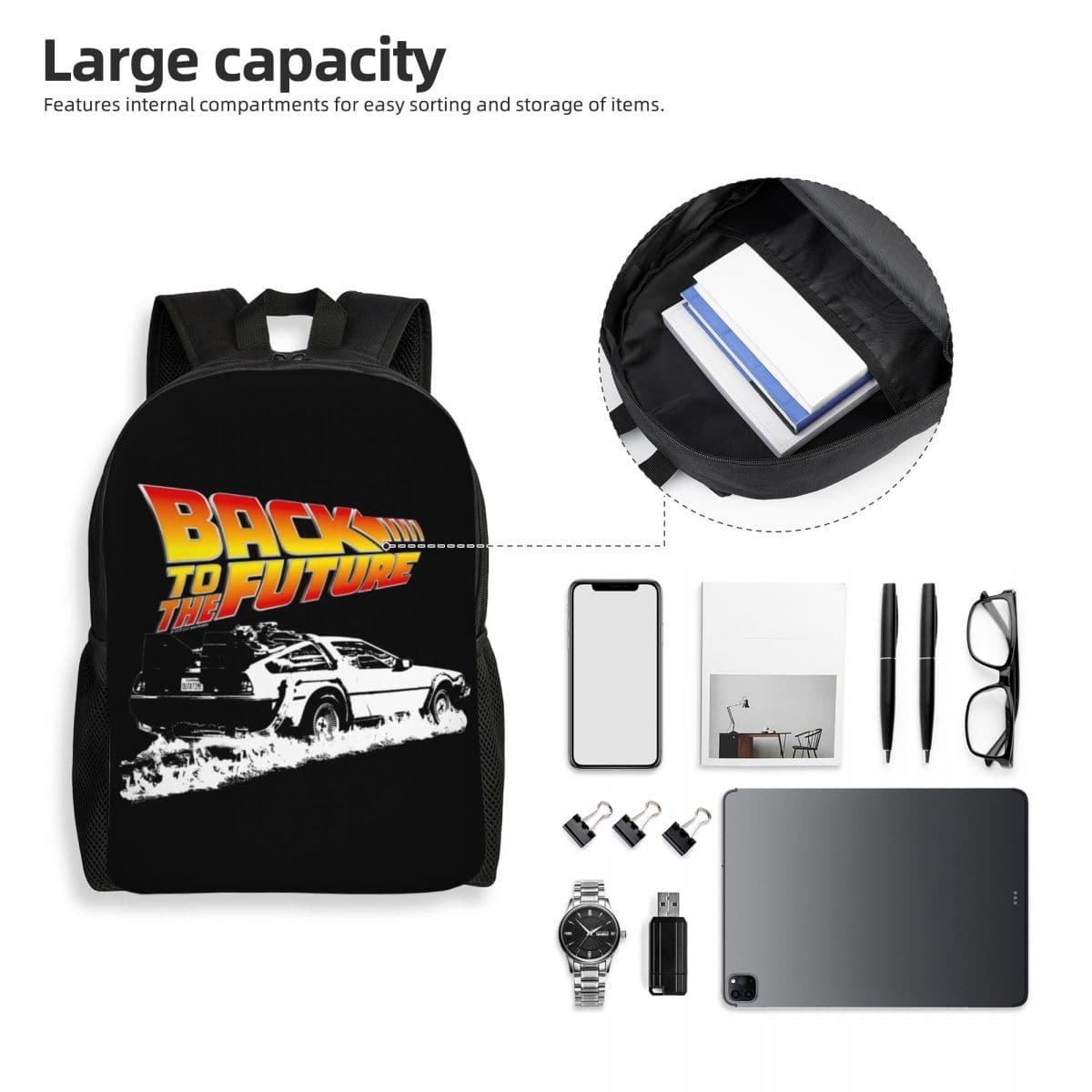 Back To The Future Movie Backpacks Men Women Basic Bookbag for College School DeLorean Fire Tracks White Stencil Fan Art Bags