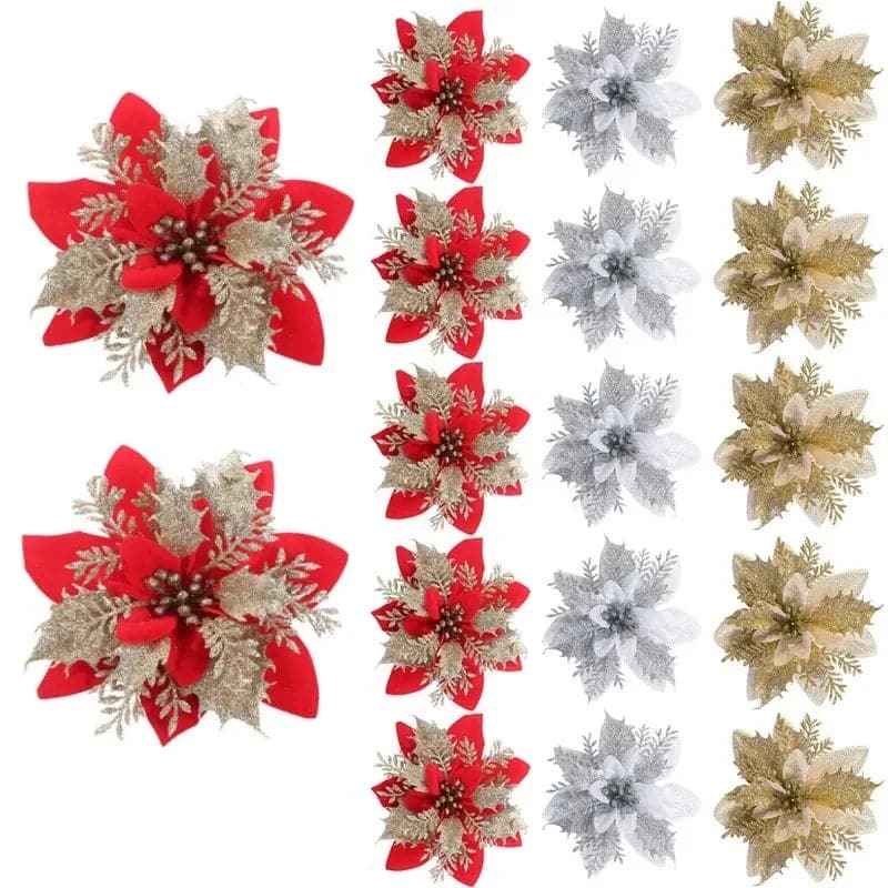 5/10Pcs 14.5cm Sparkling Christmas Decorations Glitter Artifical Flower Doors Windows Christmas Tree Decor for 2024 New Year