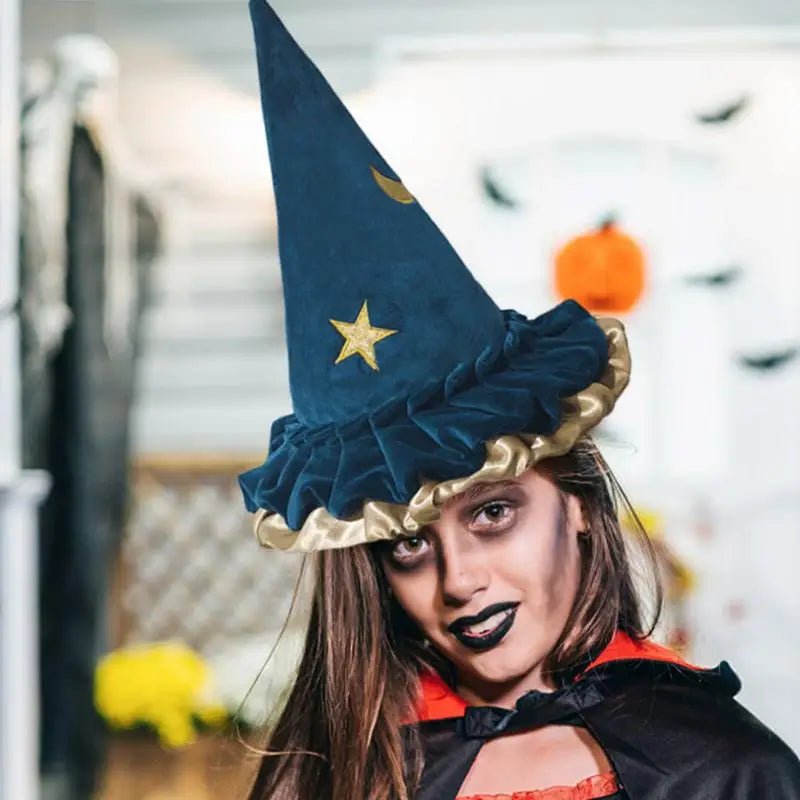 Witch Hat For Women Halloween Witch Hats Women's Fashion Blue Star Moon Pattern Halloween Costume Witch Accessories Adult Wizard