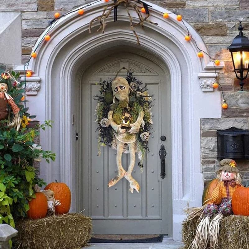 Mummy Wreath Shape Halloween Decoration 50x40cm Door Window Wall Hanging Ornament Fun Scary Plastic Decoration Wreath