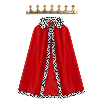 Kids King Emperor Costume Red Velvet Cloak Cape with Crown Scepter Outfit for Halloween Prince Cosplay Party Accessories Set