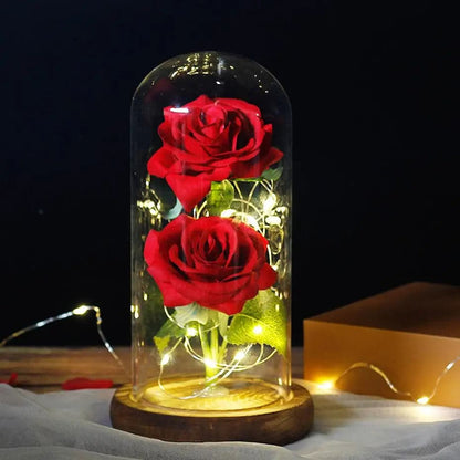 LED Eternal Flower Double Rose in Dome Light Up Beauty and The Beast Rose In A Flask Valentine's Day Birthday Christmas Day Gift