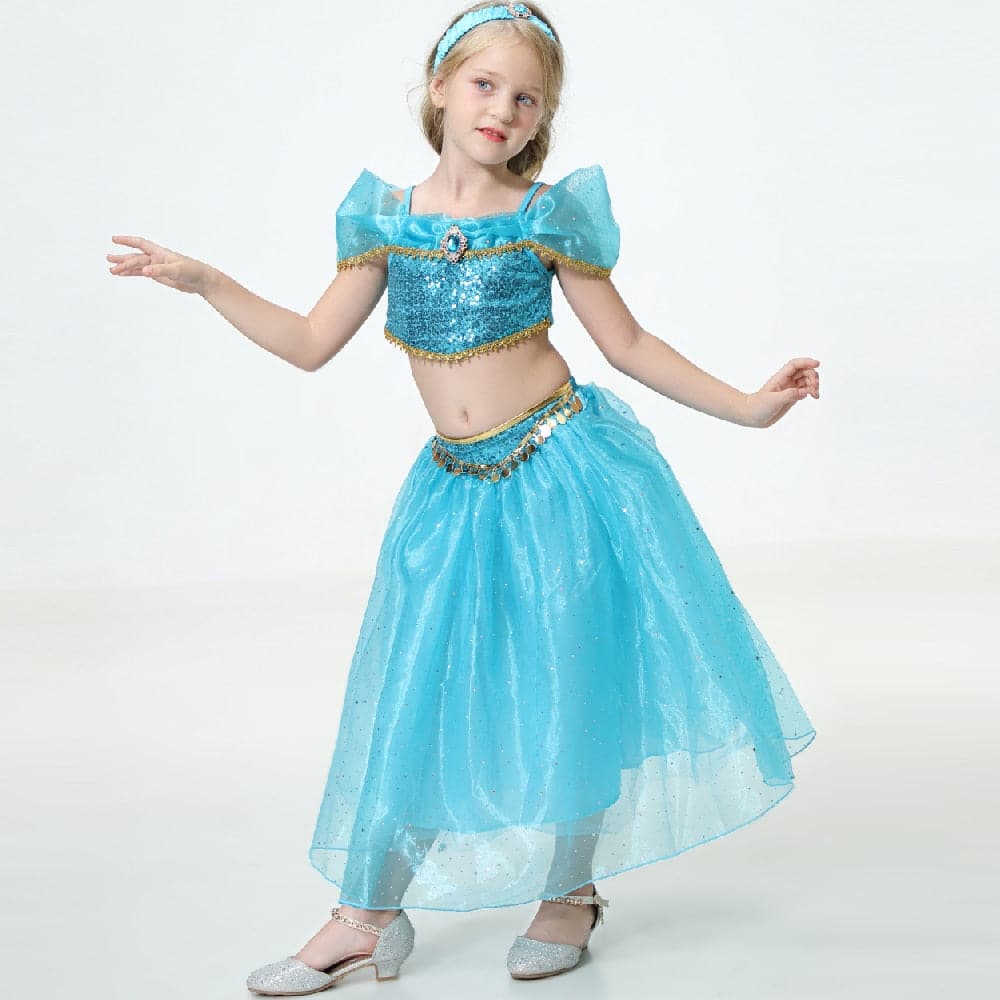 Movie Girls Kid Summer Jasmine Princess Dance Dress Children Aladdin Halloween Party Performance Costume Top Skirt Pant Set