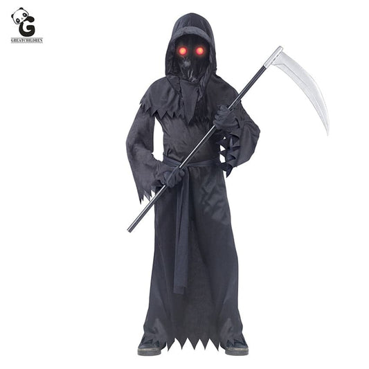 Grim Reaper Costumes Terror Luminous Eyes Death Hook Sickle Boys Cosplay Anime Children Halloween Costume for Kids Carnival Prop