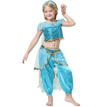 Movie Girls Kid Summer Jasmine Princess Dance Dress Children Aladdin Halloween Party Performance Costume Top Skirt Pant Set