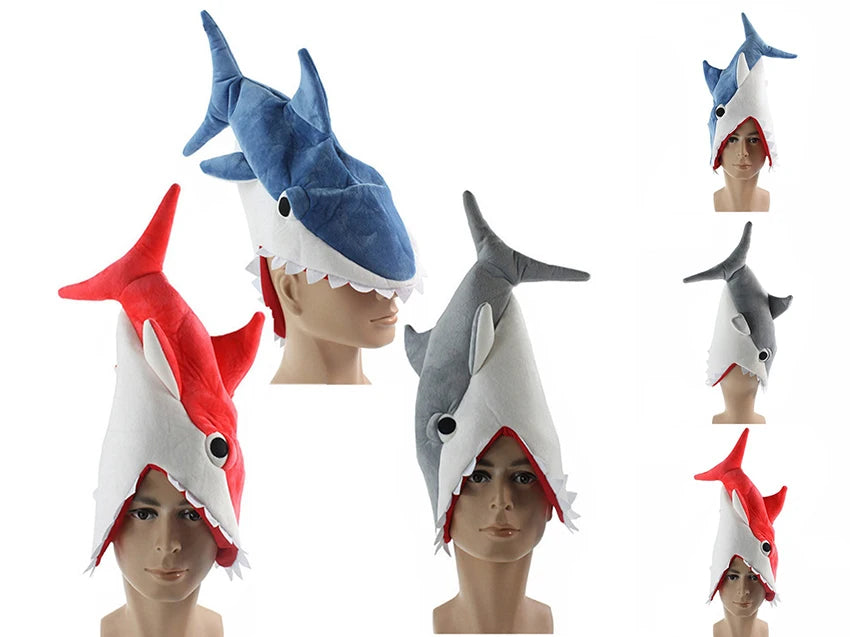 Plush Party Hats for Adults and Kids, Shark Costume Hat, Animal Theme Party, Red, Gray, Blue