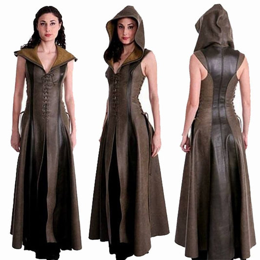 Women Sexy Lace Up Leather Hooded Medieval Dress Adult Ranger Cosplay Clothes Medieval Halloween Costumes