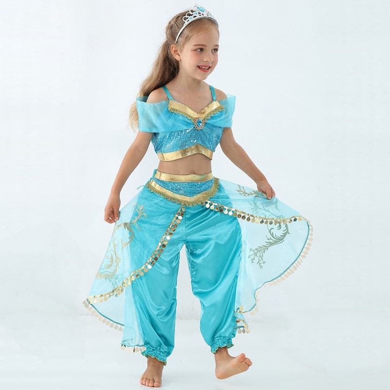 Movie Girls Kid Summer Jasmine Princess Dance Dress Children Aladdin Halloween Party Performance Costume Top Skirt Pant Set