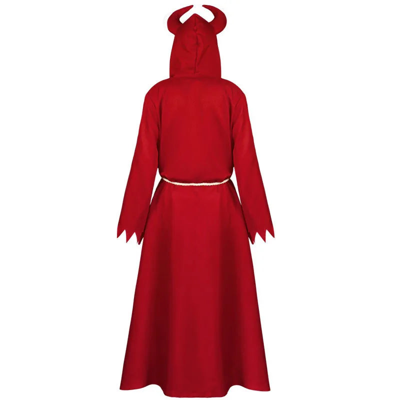 Red Devil Demon Grim Reaper Death Costume Halloween Gothic Hood Robe Dress Horror Satan Outfit Carnival For Men Women Adult