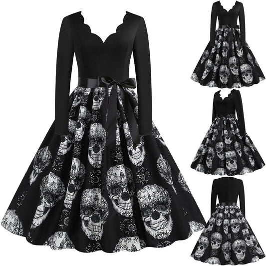 Gothic Skull Print Dress for Halloween - Vintage Long Sleeve Party Prom Dress