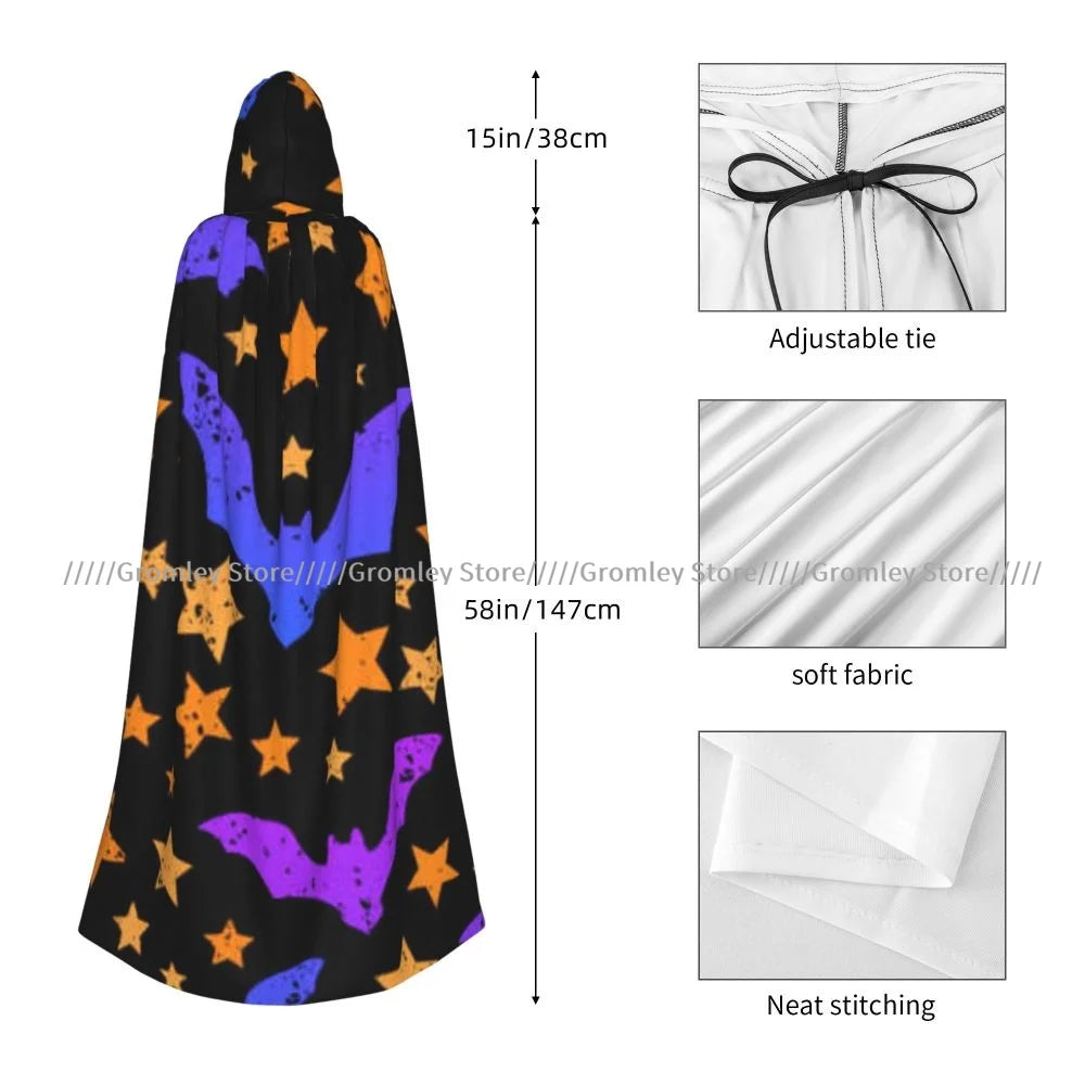 Unisex Halloween Cloak Funny Psychedelic Bats Cape Hooded Medieval Costume Witch Wicca Vampire