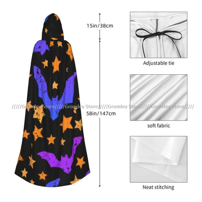 Unisex Halloween Cloak Funny Psychedelic Bats Cape Hooded Medieval Costume Witch Wicca Vampire