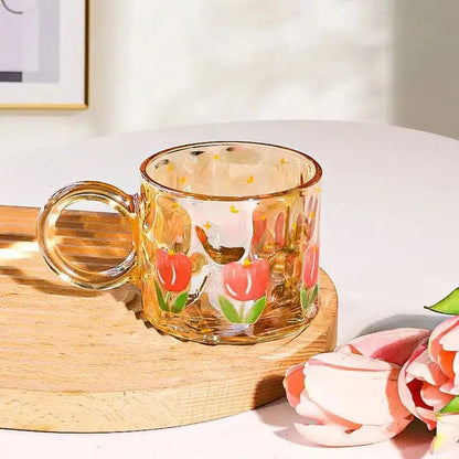 Adorable Tulip Printed Glass Mug - High-Value Ins Style Amber Glass Mug