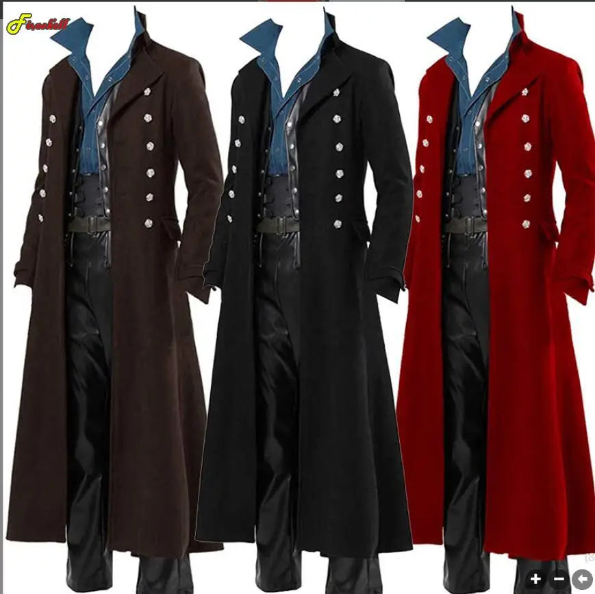 Men Vintage Medieval Costumes Steampunk Gothic Black Long Jacket Coat Vampire Cosplay Pirate Halloween Outfit Men's Trenchcoat