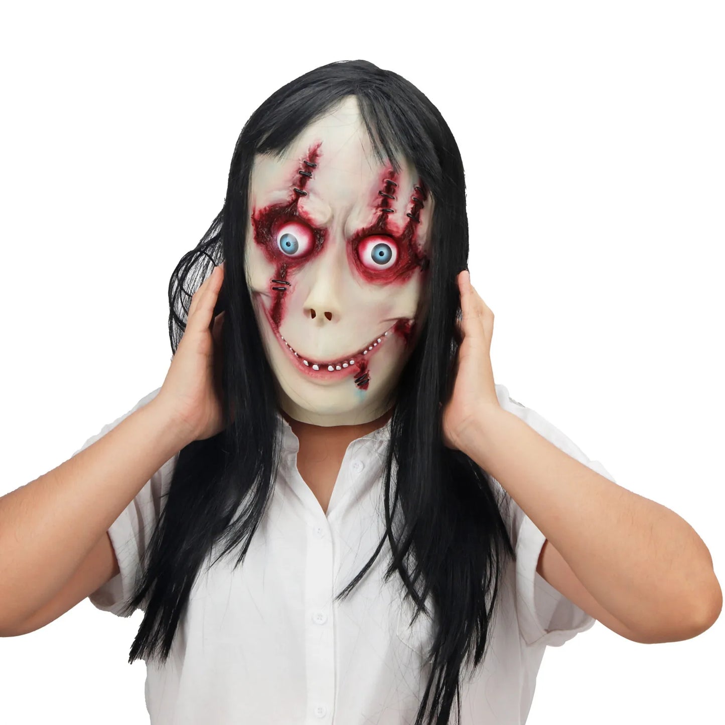 1PCS Mask for Adult Horror Devil Mask with Long Hair Scary Headgear Halloween Creepy Cosplay Party Female Face Covering Props