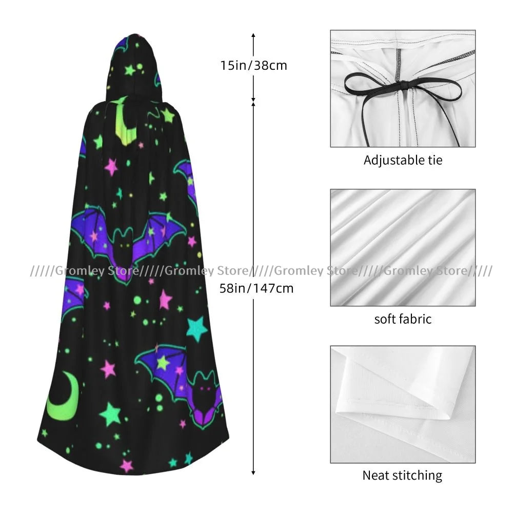 Unisex Halloween Cloak Funny Psychedelic Bats Cape Hooded Medieval Costume Witch Wicca Vampire