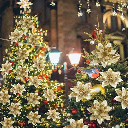 5/10Pcs 14.5cm Sparkling Christmas Decorations Glitter Artifical Flower Doors Windows Christmas Tree Decor for 2024 New Year