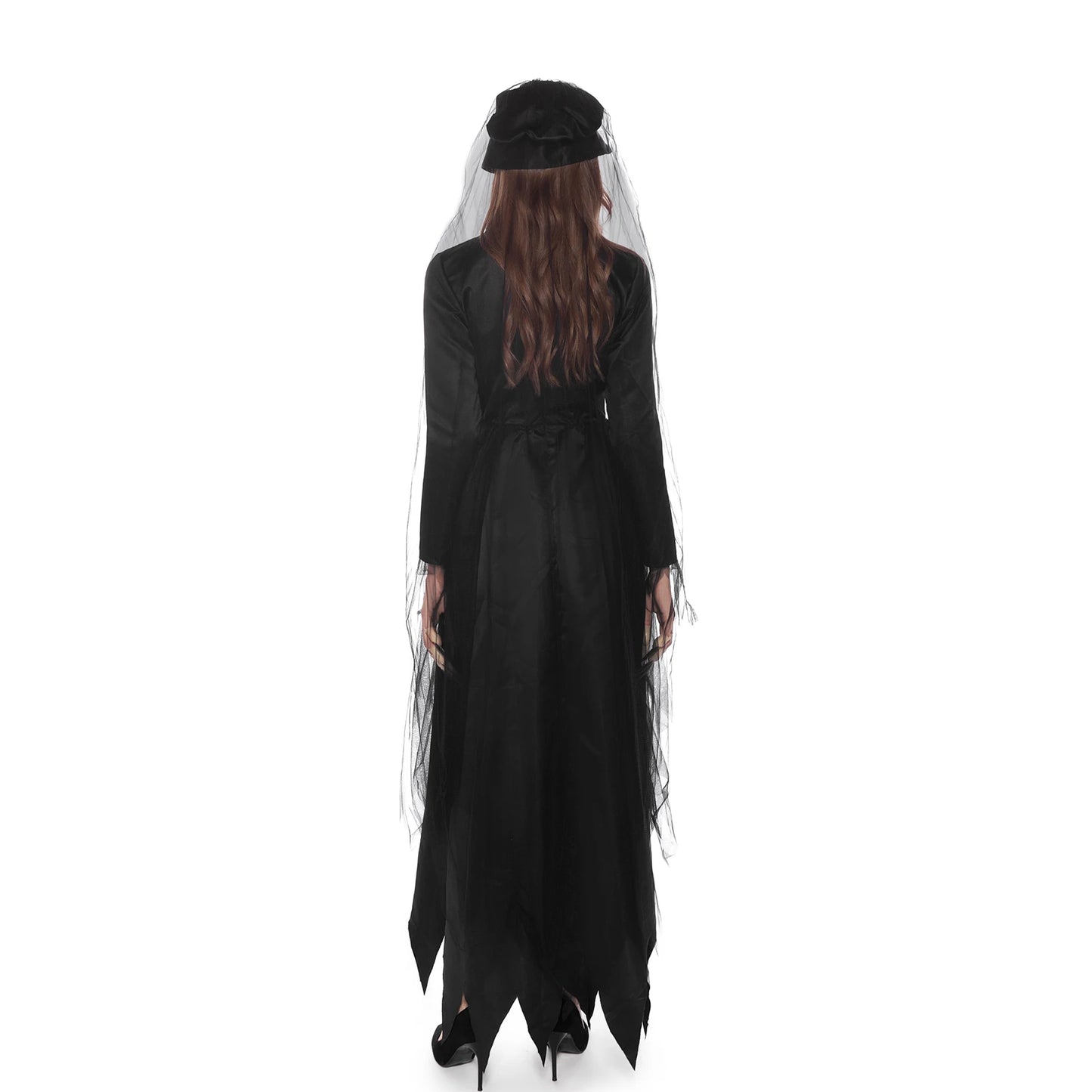 Vintage Gothic Women Halloween Witch Costume with Headwear Hat Veil Vampire Bride Ladies Long Sleeve Dress Horror Party Clothing