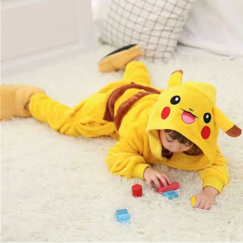 MINISO Pikachu Kids One-pieces Home Suit Cartoon Cute Winter Keep Warm Pajamas Coral Velvet Comfortable Kawaii Party Sleepwear