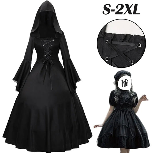 Women Long Sleeve Cloak Medieval Retro Dress Lace Up Gothic Dresses Halloween Party Hooded Witch Dress Ball Gown Cosplay Costume