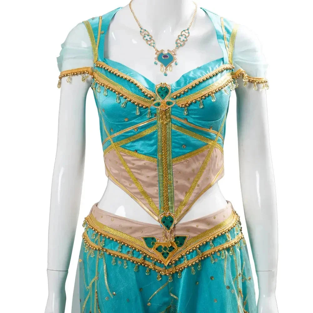 The Movie Aladdin Cosplay Princess Cosplay Jasmine Naomi Scott Green Blue Dress Costume Adult Women Female Halloween Carnival