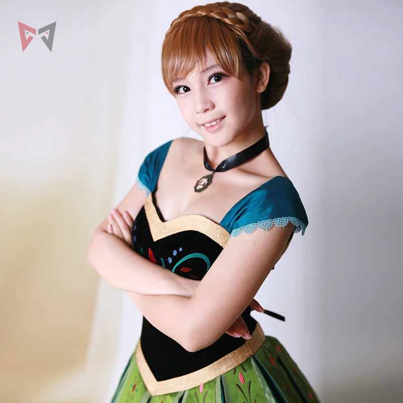 Athemis Movie Ice  Anna Cosplay Dress Princess Coronation Cosplay Costume Custom Made Size Suit Necklace For Halloween Game