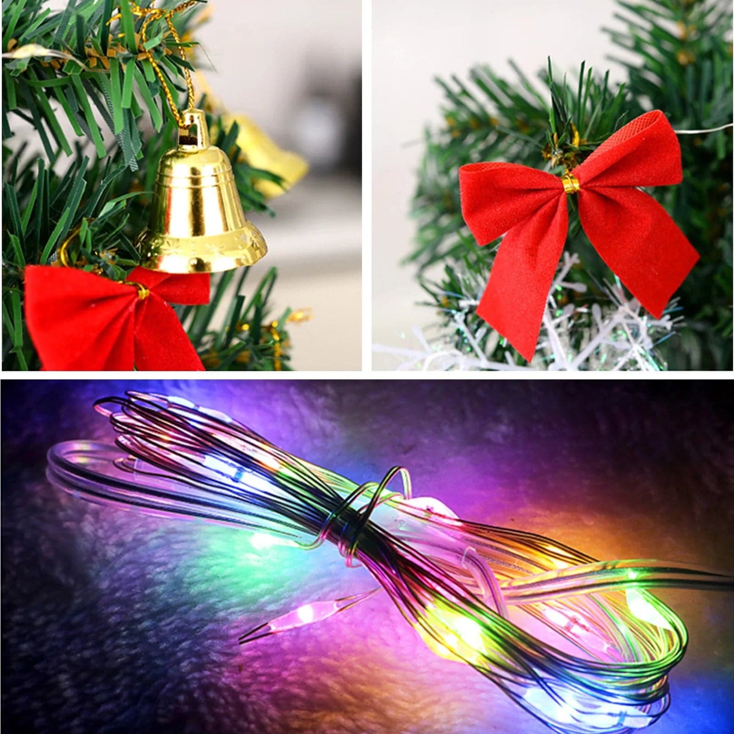 Artificial Mini Christmas Tree with Colorful LED String Lights, Tabletop Christmas Tree with Christmas small bell Ornaments