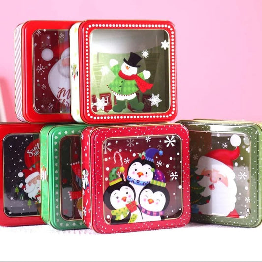 Creative Christmas Iron Box With Skylight Tin Plate Box With Cookies Mousse Cake Packaging Christmas Square Small  Storage Boxes