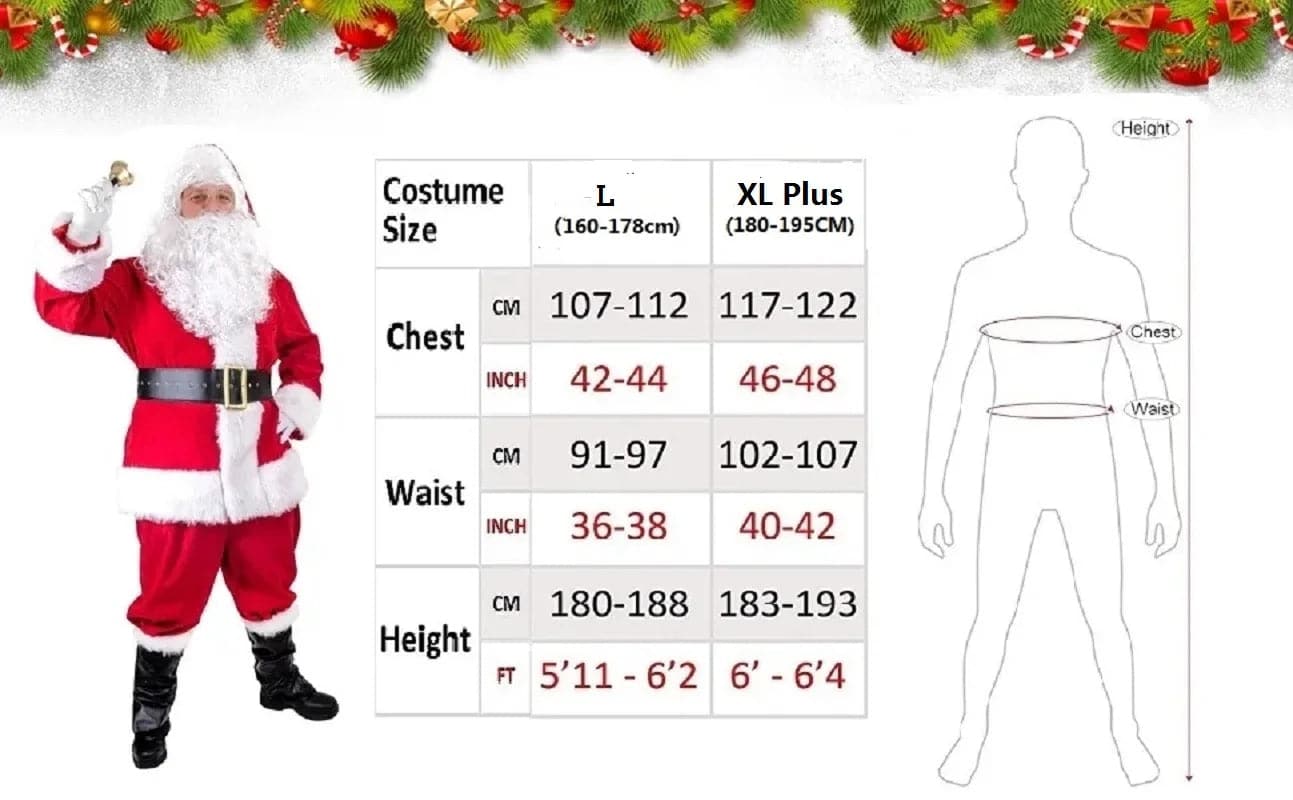 Santa Claus Costume Christmas Complete Dress-Up Outfit For Adult Santa Suit With Hat Men Cosplay Costumes 7PCS