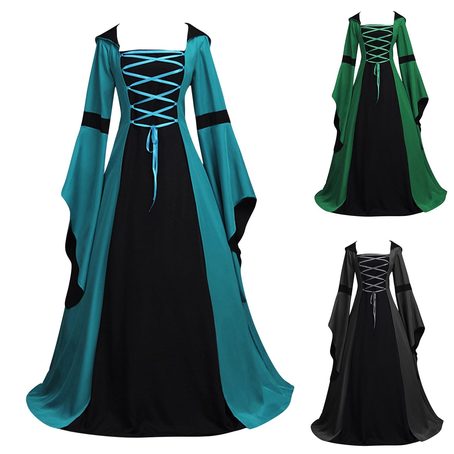 Medieval Dresses For Women Renaissance Trumpet Sleeve Lace Up Dresses Halloween Costume Vintage Cosplay Outfit Witch Dress