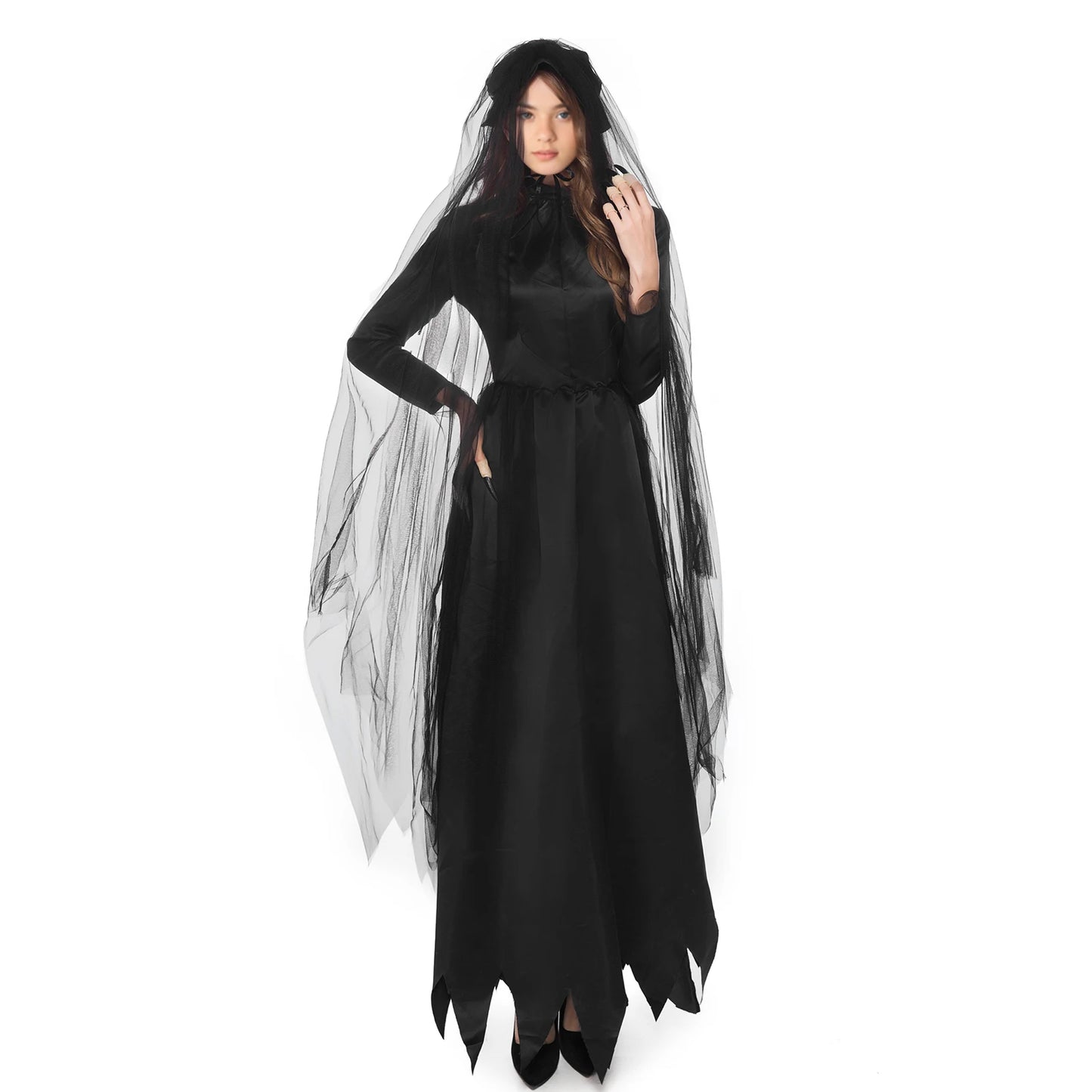 Vintage Gothic Women Halloween Witch Costume with Headwear Hat Veil Vampire Bride Ladies Long Sleeve Dress Horror Party Clothing