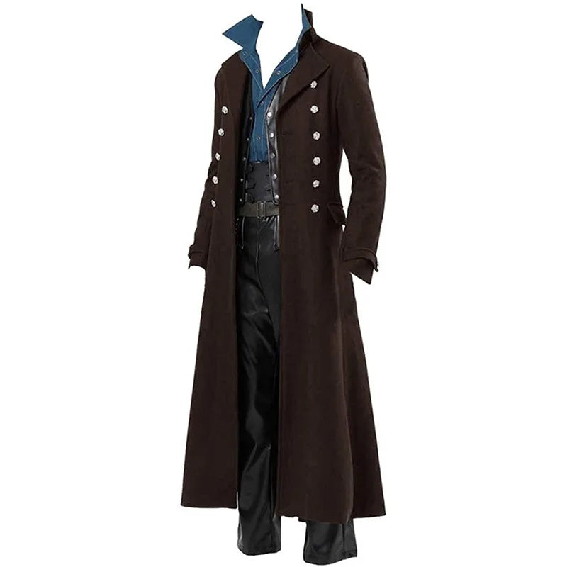 Men Vintage Medieval Costumes Steampunk Gothic Black Long Jacket Coat Vampire Cosplay Pirate Halloween Outfit Men's Trenchcoat