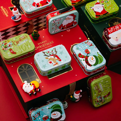 Mini Christmas Tin Box with Lid Portable Rectangular Small Storage Container Empty Candy Cases Pill Box Gift Packaging Organizer