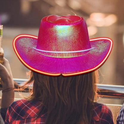 Bright Colors Cowboy Hat Wide Brim Hemming Windproof Rope Halloween Holographic LED Light Jazz Hat Fashion Accessories