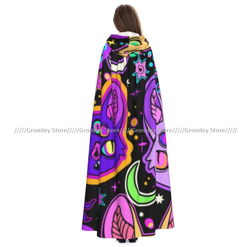 Unisex Halloween Cloak Funny Psychedelic Bats Cape Hooded Medieval Costume Witch Wicca Vampire