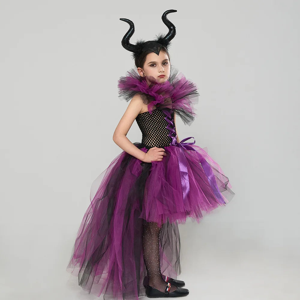 Maleficent Costume Deluxe Girls Halloween Carnival Party Black Trailing Mesh Dress Kids Cosplay Demon Queen Witch Clothes