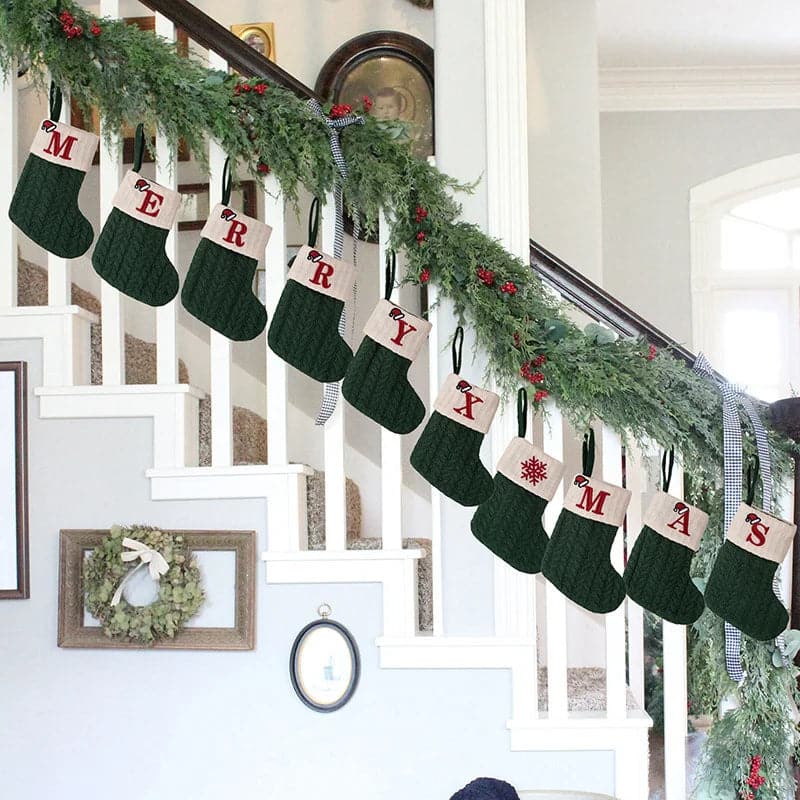 Navidad Natal 2024 Christmas Socks Green Xmas Tree Ornament Gift Knitting Snowflake Letter Stocking Christmas Decoration