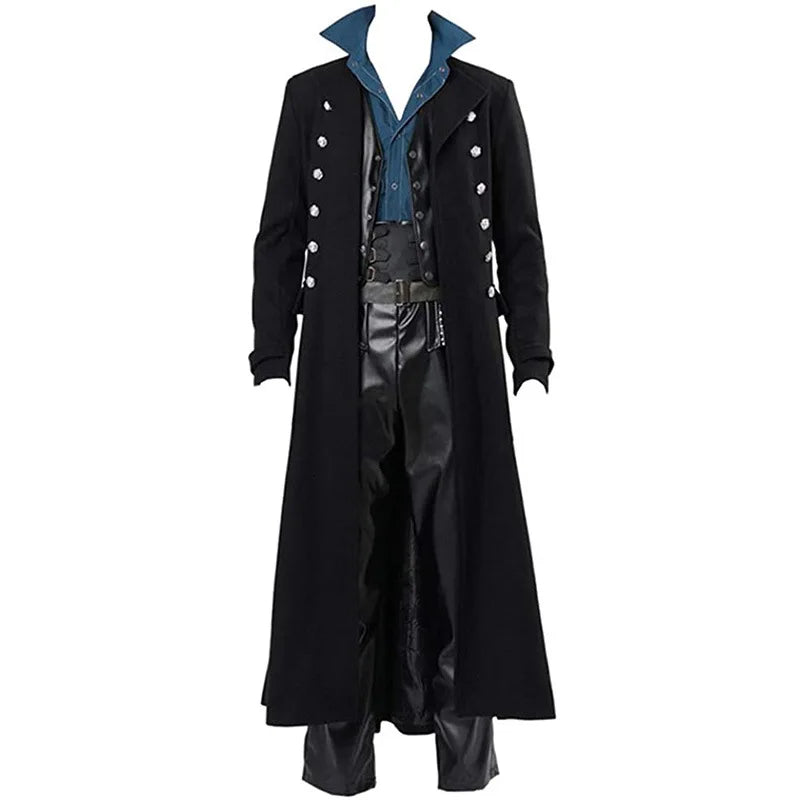 Men Vintage Medieval Costumes Steampunk Gothic Black Long Jacket Coat Vampire Cosplay Pirate Halloween Outfit Men's Trenchcoat