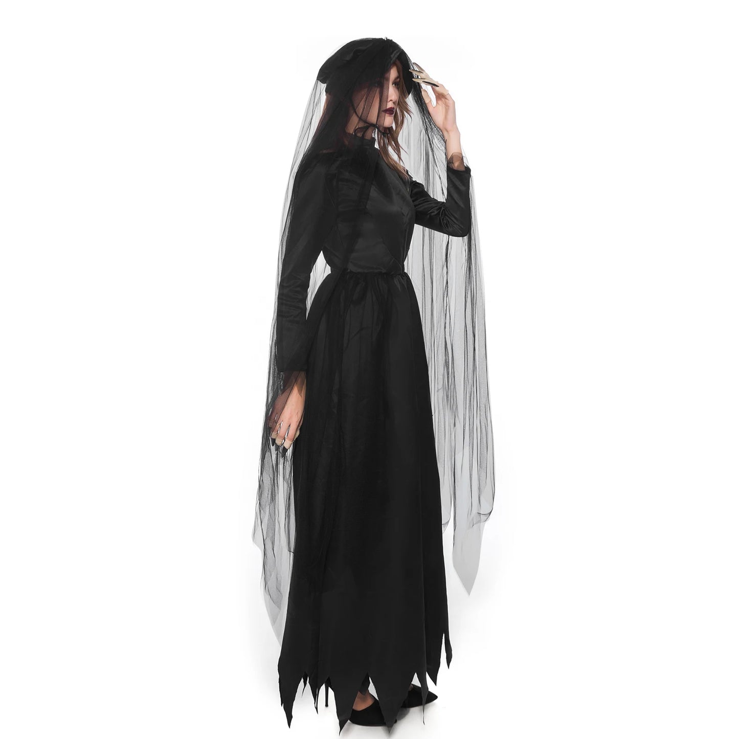 Vintage Gothic Women Halloween Witch Costume with Headwear Hat Veil Vampire Bride Ladies Long Sleeve Dress Horror Party Clothing