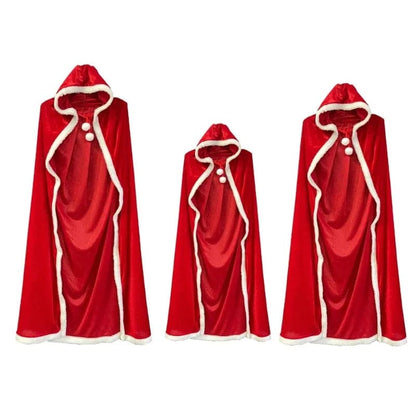 Full Length Hooded Velvet Cloak Christmas Santa Claus Plush Trim Tie Up Red Cape Holiday Cosplay Costume for Women Girls