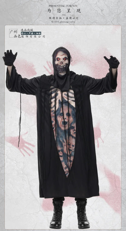 Men Halloween Necromancer Costumes Adult Azrael Evil Skeleton Robe Cosplay Carnival Purim Parade Nightclub Role Play Party Dress