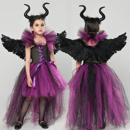 Maleficent Costume Deluxe Girls Halloween Carnival Party Black Trailing Mesh Dress Kids Cosplay Demon Queen Witch Clothes