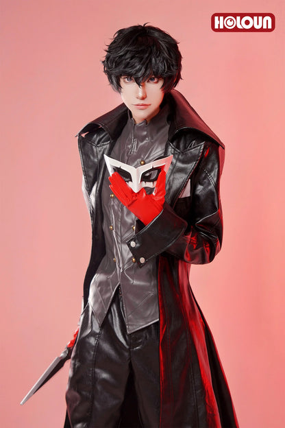 HOLOUN P5 Game Ren Amamiya Cosplay Costume Wig Mask Joker Faux Leather Coat Pants Vest Gloves Daily Wear Cos Convention Rose Net