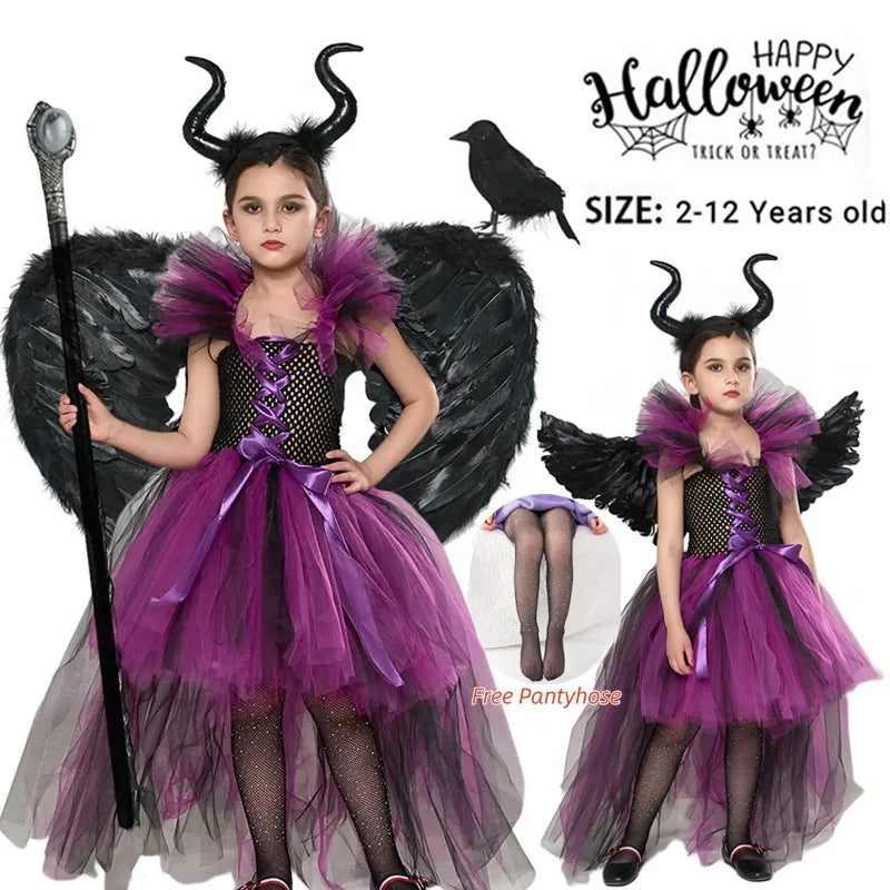 Maleficent Costume Deluxe Girls Halloween Carnival Party Black Trailing Mesh Dress Kids Cosplay Demon Queen Witch Clothes