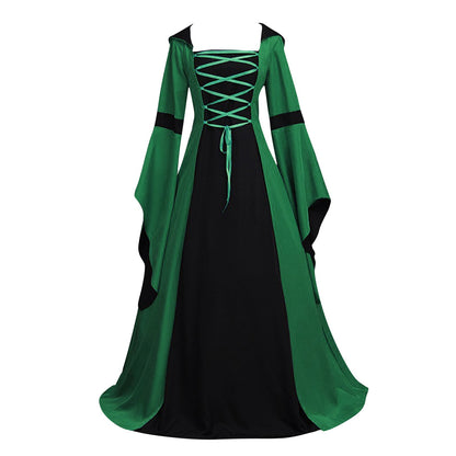 Medieval Dresses For Women Renaissance Trumpet Sleeve Lace Up Dresses Halloween Costume Vintage Cosplay Outfit Witch Dress