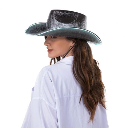 Bright Colors Cowboy Hat Wide Brim Hemming Windproof Rope Halloween Holographic LED Light Jazz Hat Fashion Accessories