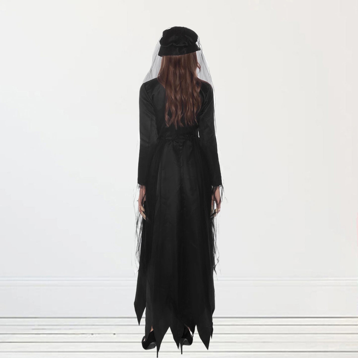 Vintage Gothic Women Halloween Witch Costume with Headwear Hat Veil Vampire Bride Ladies Long Sleeve Dress Horror Party Clothing